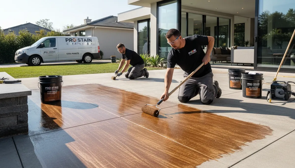 Professional concrete staining on patio floor in Sacramento, CA by local house painting experts