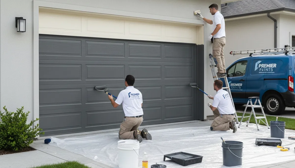 Professional garage door painting at a Sacramento, CA home with smooth, weather-resistant finish