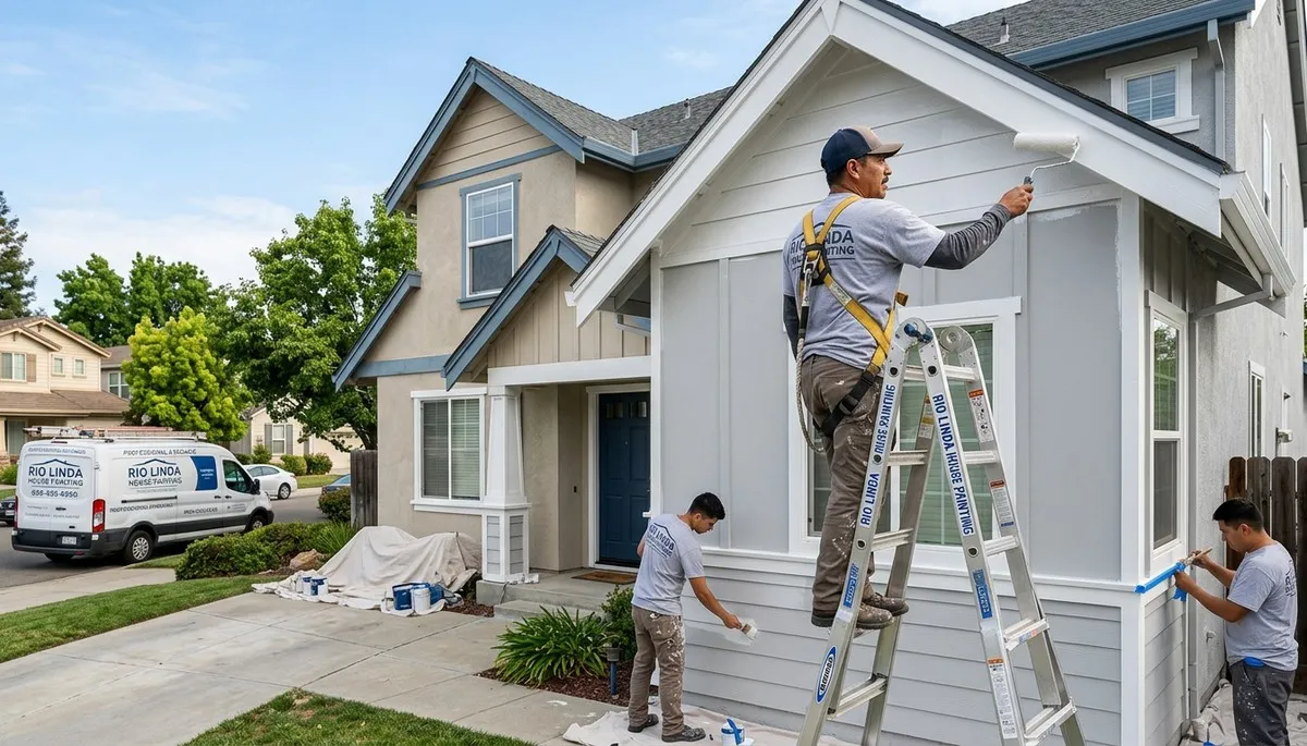 Professional house painters working on exterior home repaint in Sacramento, CA