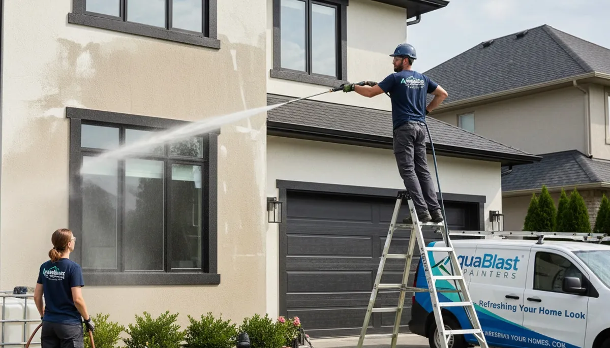 Professional pressure washing a Sacramento, CA home exterior by expert house painters restoring curb appeal